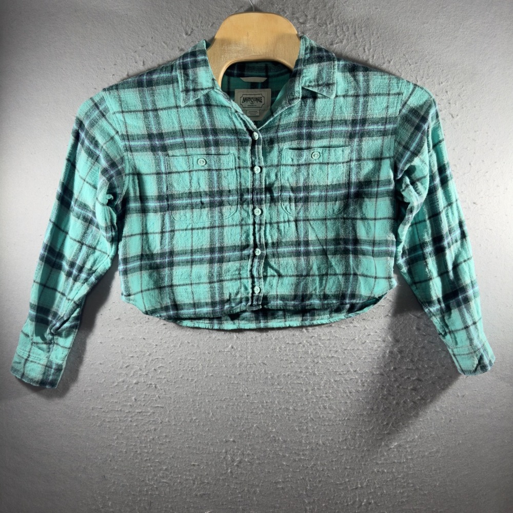 3228 | American Eagle Cropped Plaid Cotton Flannel Shirt Teal Black Women XS
